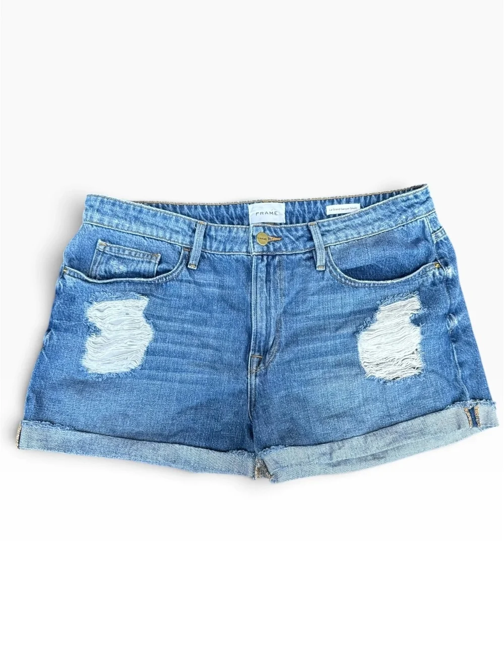 FRAME Le Grand Garçon Distressed Denim Shorts Size 31 in Heron Indigo Wash